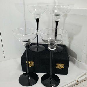 4 Handblown Black Stem Glass Candleholders 8" made in Italy